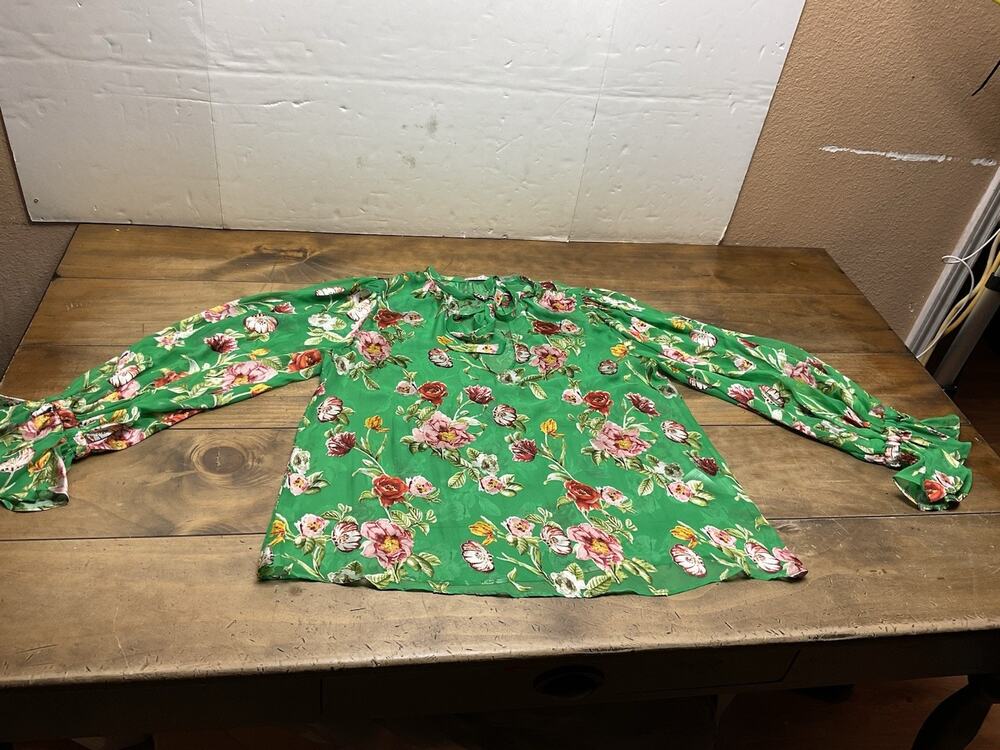 Alice & Olivia Moranne Floral Tie-Neck Blouse Sheer Green Size Medium